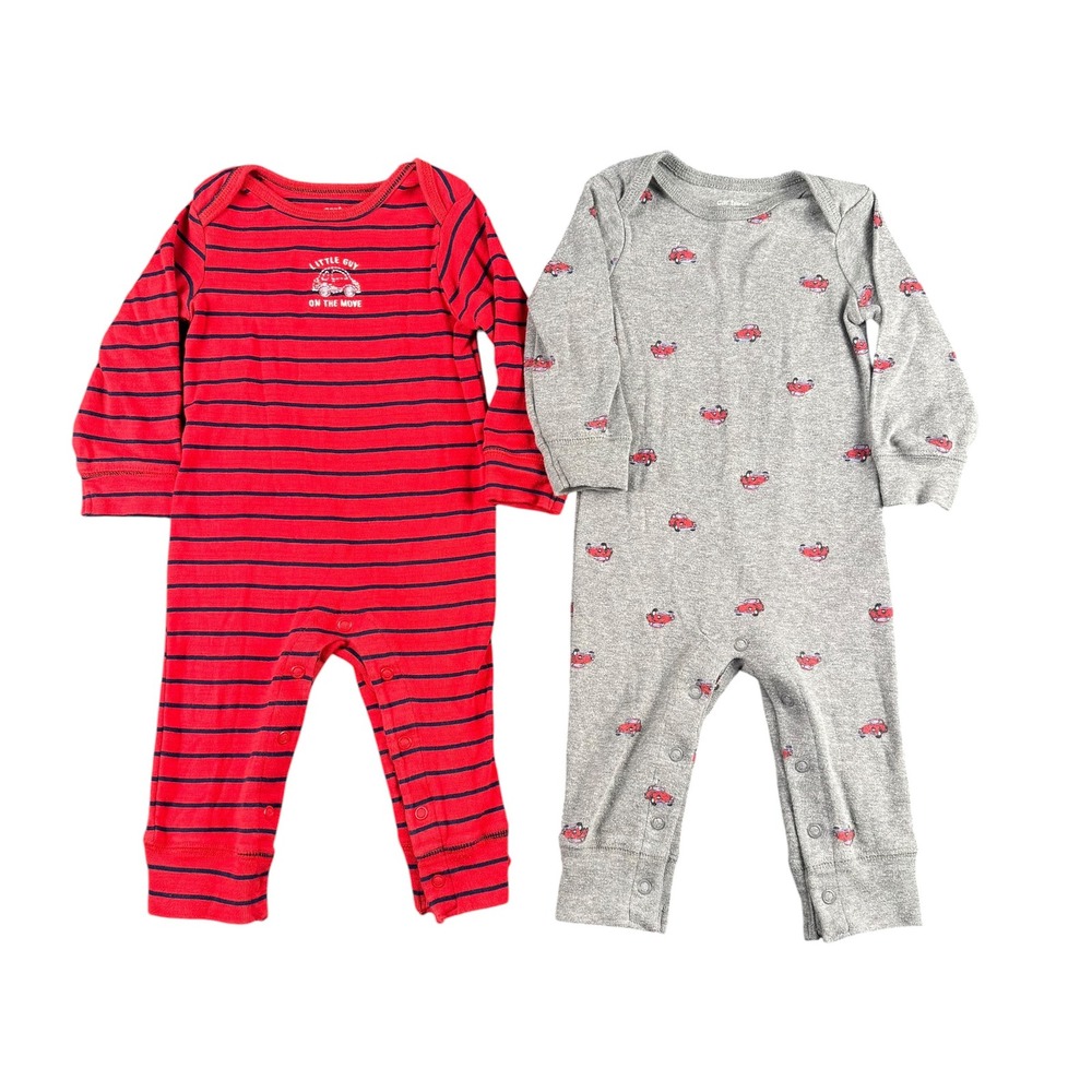 Carters Baby Boy 9M Romper Set 2 Pack Red Striped Gray Car Print Long Sleeve 841